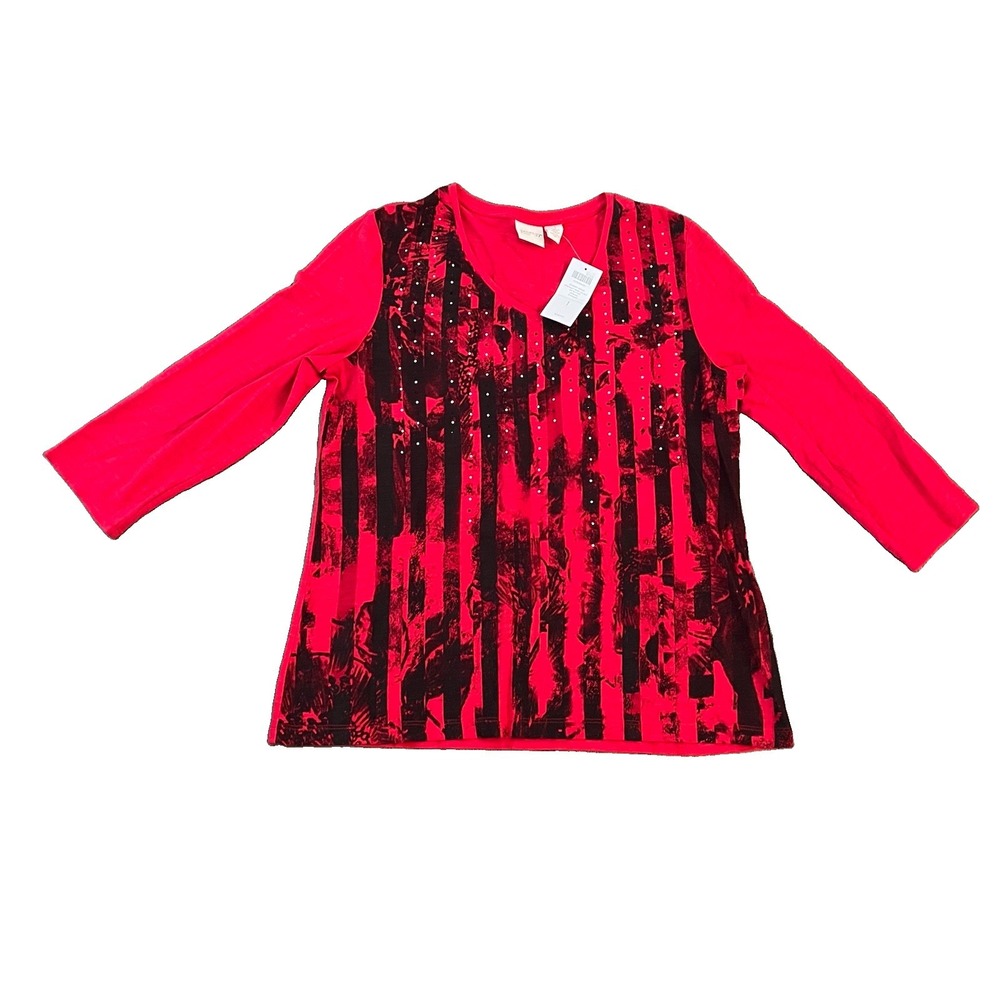 Chicos Zynergy Top Size 1 Medium Rhinestone Denise Abstract Print ‎ Red Black